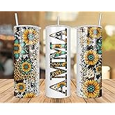 QPTADesignGift Amma Sunflower Turquoise Gemstone And Leopard - Amma Skinny Tumbler Cowhide Distressed Tumbler - Western Tumbler 20Oz Skinny Tumbler - Amma Gift