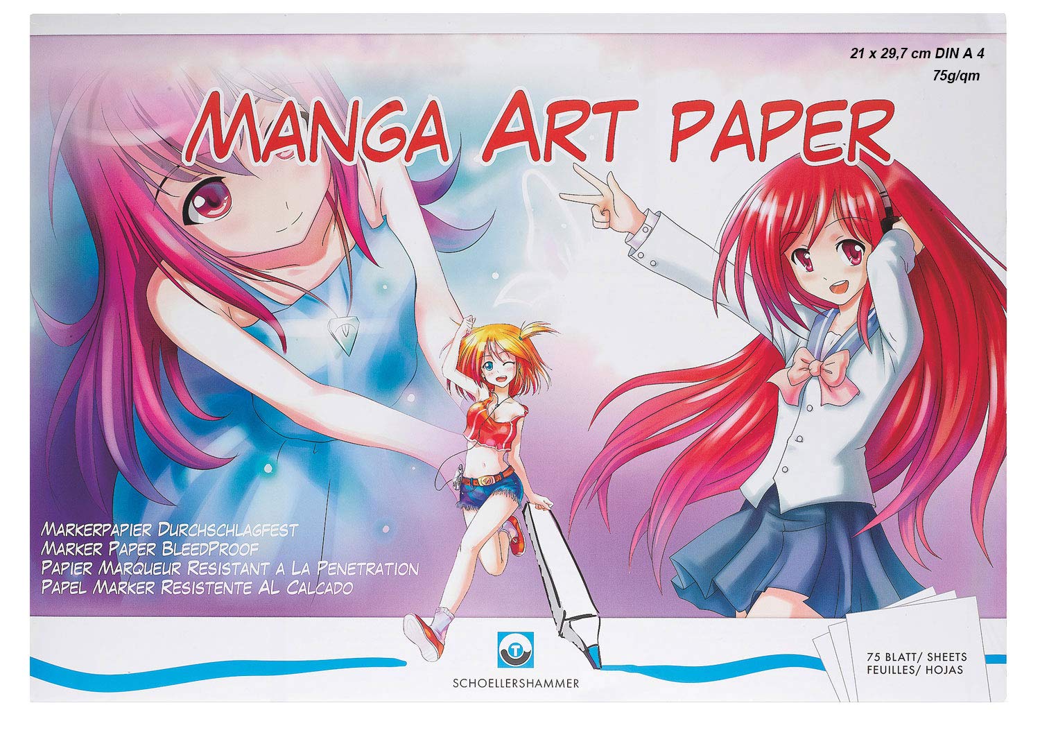 Honsell 23100 Schoellershammer Manga Art Paper Pad, Marker Paper, DIN A4, 75 g/m², 75 Sheets, Bright White, Puncture Resistant, Acid-Free and Ageing Resistant