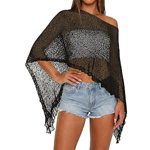 LOMON Womens Sheer Poncho Lightweight Knit Ruffle Beach Cover Ups Mesh Top Lace Summer Outfits 2026