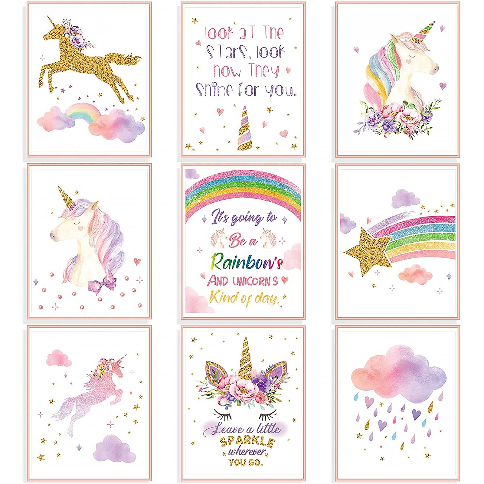 9 Pieces Unicorn Rainbow Wall Art Prints Unframed Watercolor Unicorn and Rainbow Posters for Girls Kids Bedroom Nursery Decorations