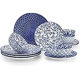 vancasso SELENE Plates and Bowls Set for 4, 12 Pieces Dinnerware Sets, Mircowave and Dishwasher Safe Dishes Set, Porcelain Blue Dinnerware