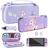 GLDRAM for Nintendo Switch OLED Travel Bag with 10 Card Slots, Anti-Fall Carrying Case with Unicorn Protective Hardshell Cover, Screen Protector, Adjustable Shoulder Strap & 2 Purple-White Thumb Caps