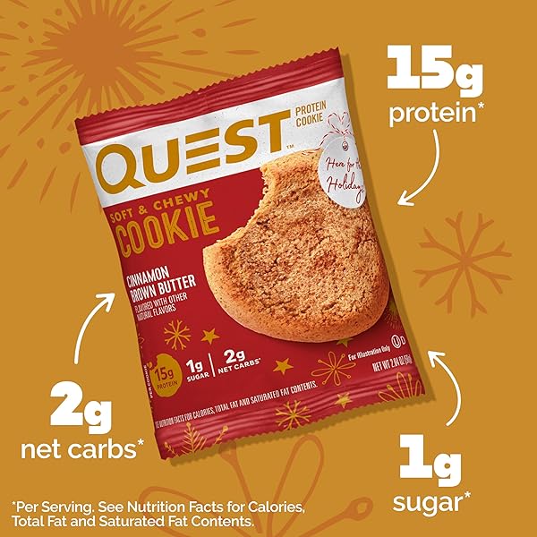 QUEST NUTRITION CINNAMON BROWN BUTTER PROTEIN COOKIE, 15G PROTEIN, 1G SUGAR, 2G NET CARBS, KETO FRIENDLY, HIGH PROTEIN, LOW CARB; 12 COUNT