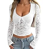 Matunana Womens Long Sleeve Going Out Tops Lace V Neck Mesh Crop Shirts Sexy Cute Y2K Fall Trendy Outfits 2026