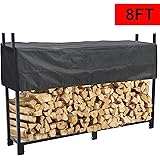 RELIANCER 8 FT Firewood Log Rack w/ 600D Waterproof Cover Indoor Outdoor Heavy Duty Steel Log Holder Fire Wood Holders Storage Carrier Large Storage Capacity for Home Backyard Patio Garden Fireplace