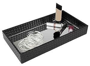 Home Basics Decorative Leather Bath Vanity Tray with Mirror, Black