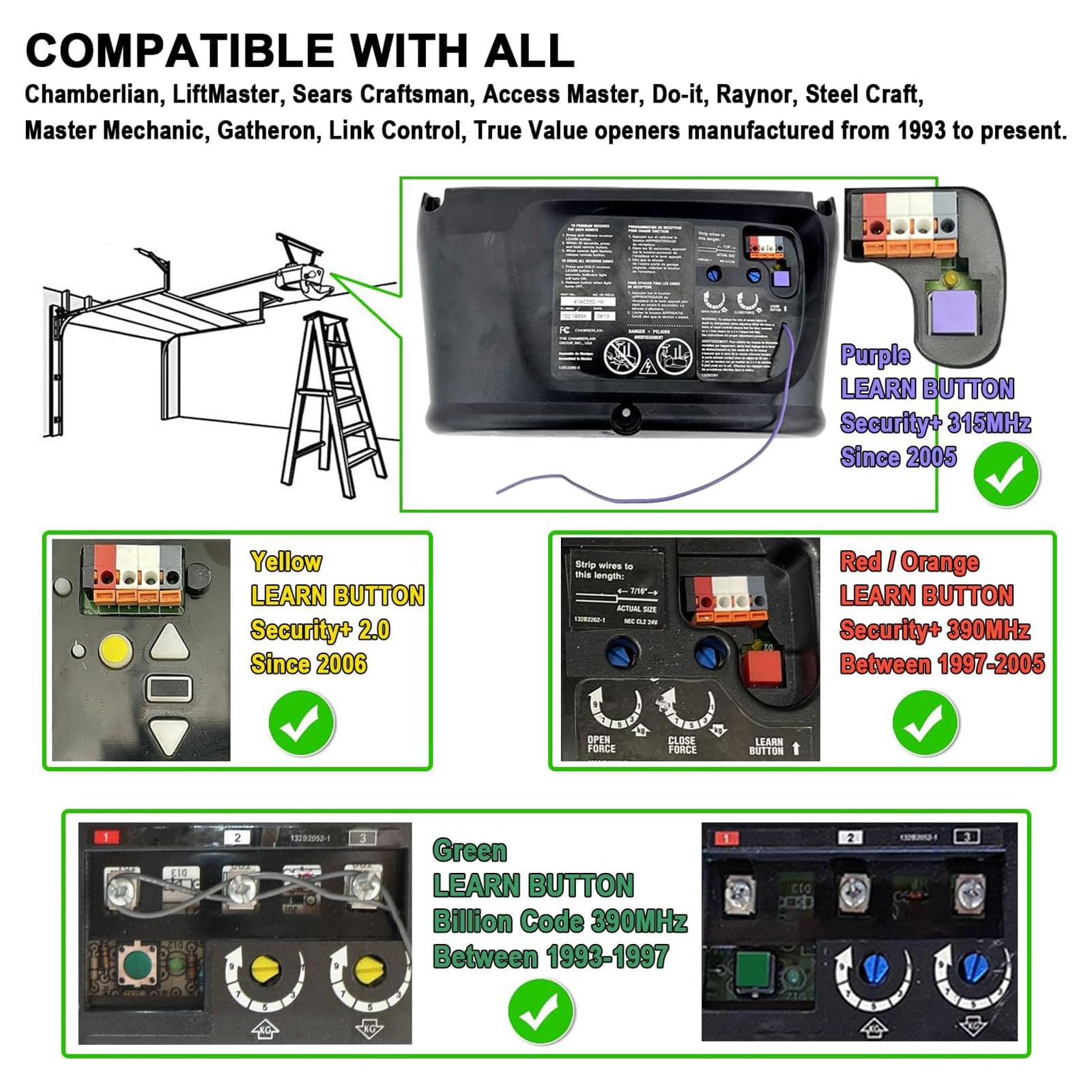 2 Garage Door Opener Remote, for Lift Master Chamberlain Craftsman Garage Door Opener Remote 893LM 893Max 891LM 971LM 973LM 371LM 373LM, Red Orange Green Yellow Purple Learn Button Garage Door Remote