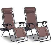 SereneLife Outdoor Zero Gravity Lounge Chair Set, 2 Pack Adjustable Recliner Chairs with Cup Holder Side Table and Padded Headrest, Foldable Patio Lawn Chairs, Weather Resistant Design (Brown)