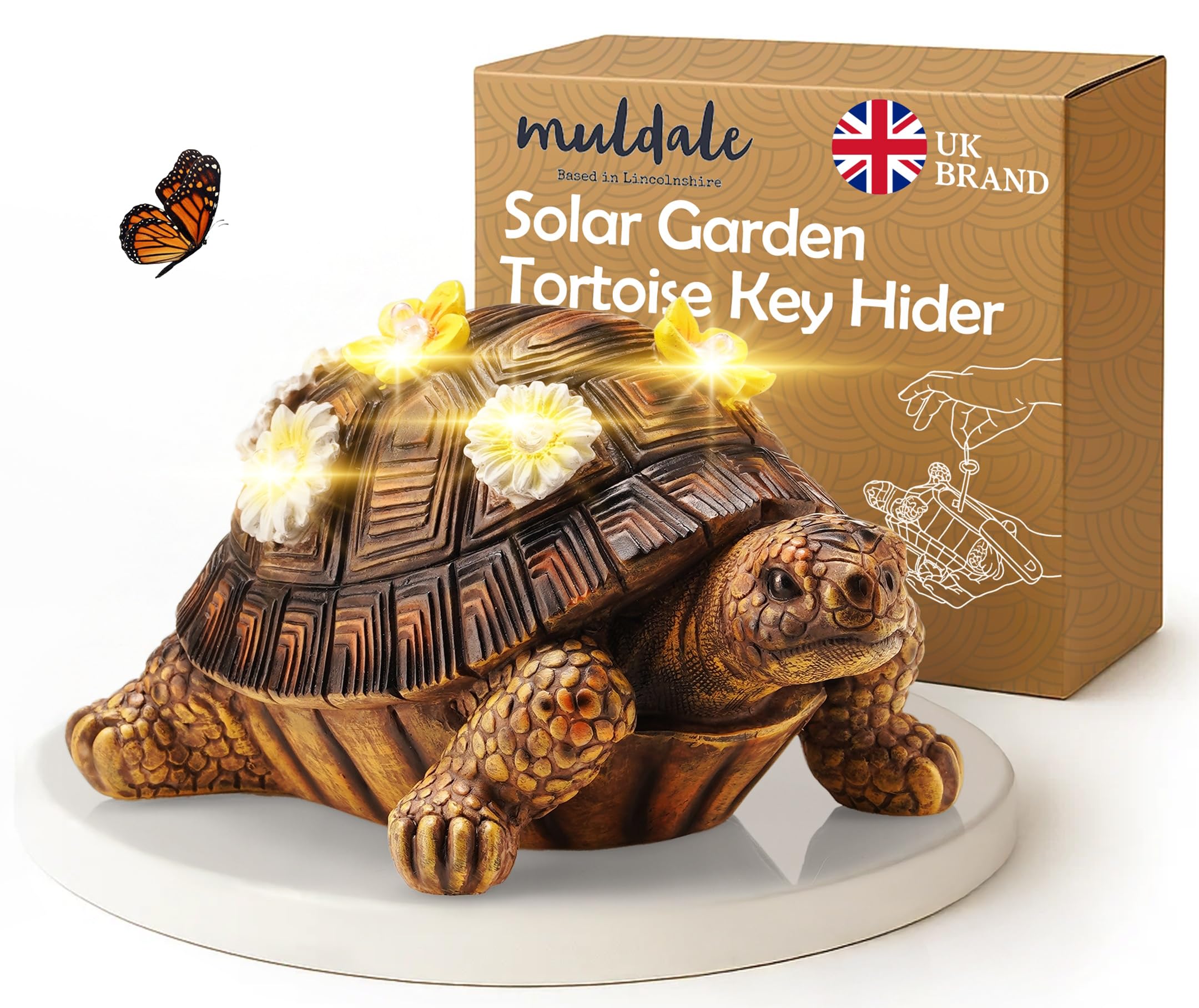 Muldale Solar Turtle Garden Ornament with Hidden Key Compartment - Waterproof Hand Painted Terence Tortoise for Outdoor Decor - Gift Boxed for Mum
