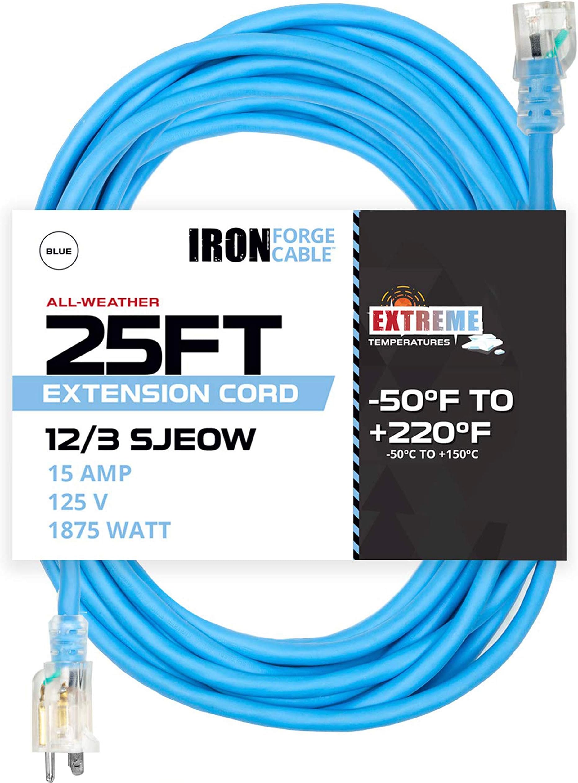 Iron Forge Cable 25 Ft All-Weather Extension Cord for Outdoor & Indoor Use - 12/3 SJEOW Lighted 3 Prong Extension Cord - for Cold & Hot Temperatures