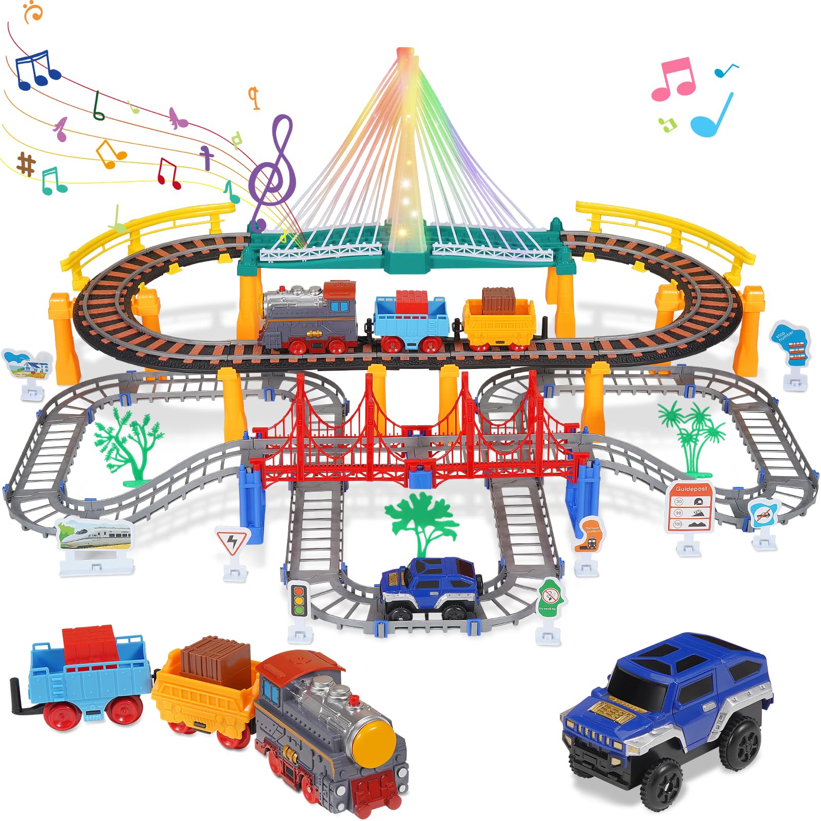 Photo 1 of Electric Train Set for Kids Ages 3-8 Dual-Layer Tracks with Light-Up Bridge & Realistic Sounds 100+ Piece STEM Building Toy