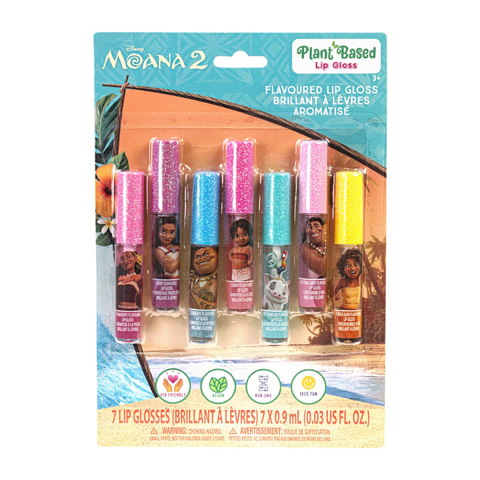 Disney Moana 7 Piece Plant Based Lip Gloss, Girls Party Favors, First Makeup Set for Girl, Perfect for Parties, Sleepovers, and Birthday Gifts, Ages 3+, by Townley Girl