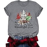 Merry Christmas Shirts for Women Xmas Buffalo Plaid Tree Shirt Top Short Sleeve Casual Graphic Print T Shirt