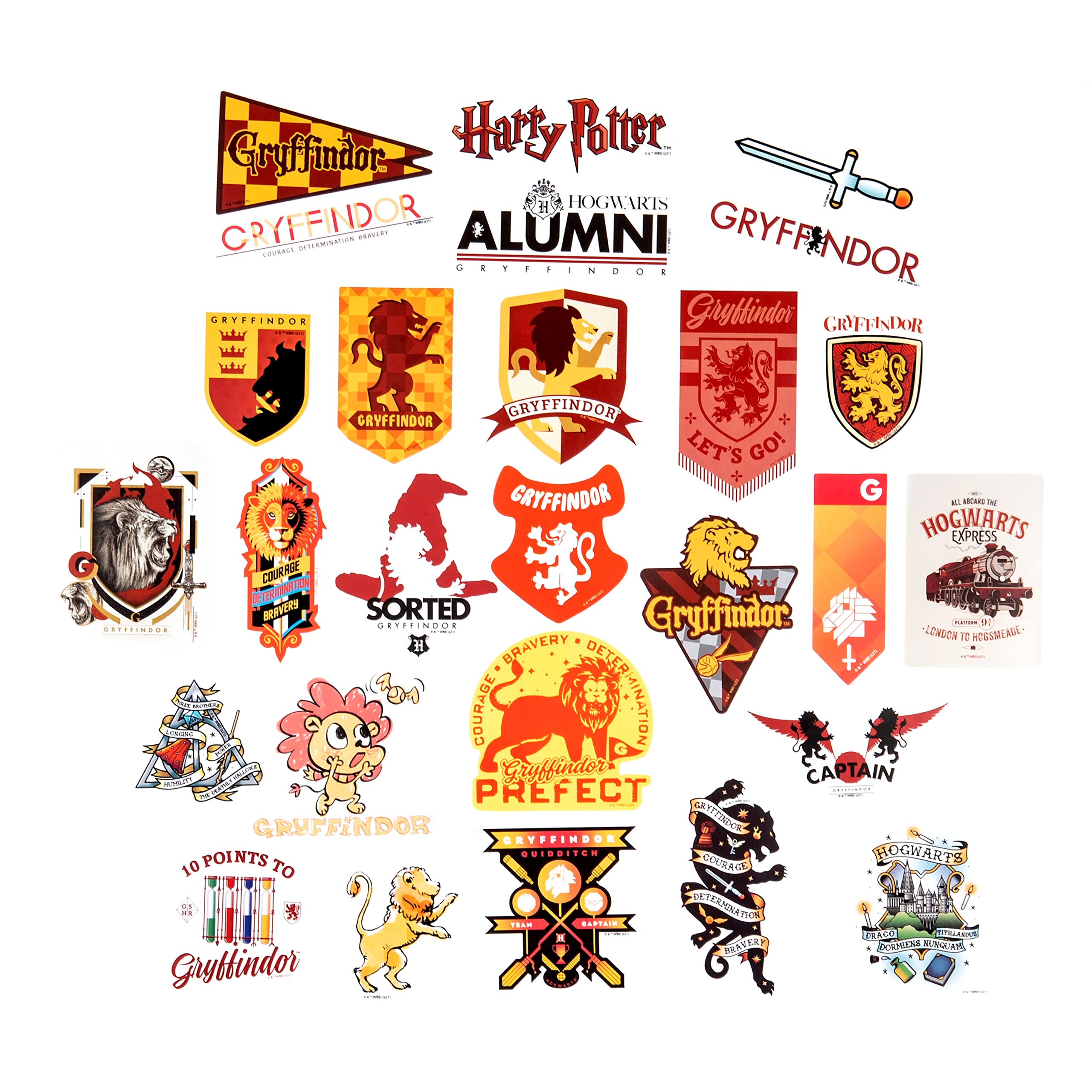 Harry Potter Gryffindor Hogwarts House Vinyl Sticker Decal Pack, 60-Count, 5 Hologram Stickers, Waterproof, UV & Scratch-Resistant, Decals for Laptops, Water Bottles, Notes & More, Officially Licensed