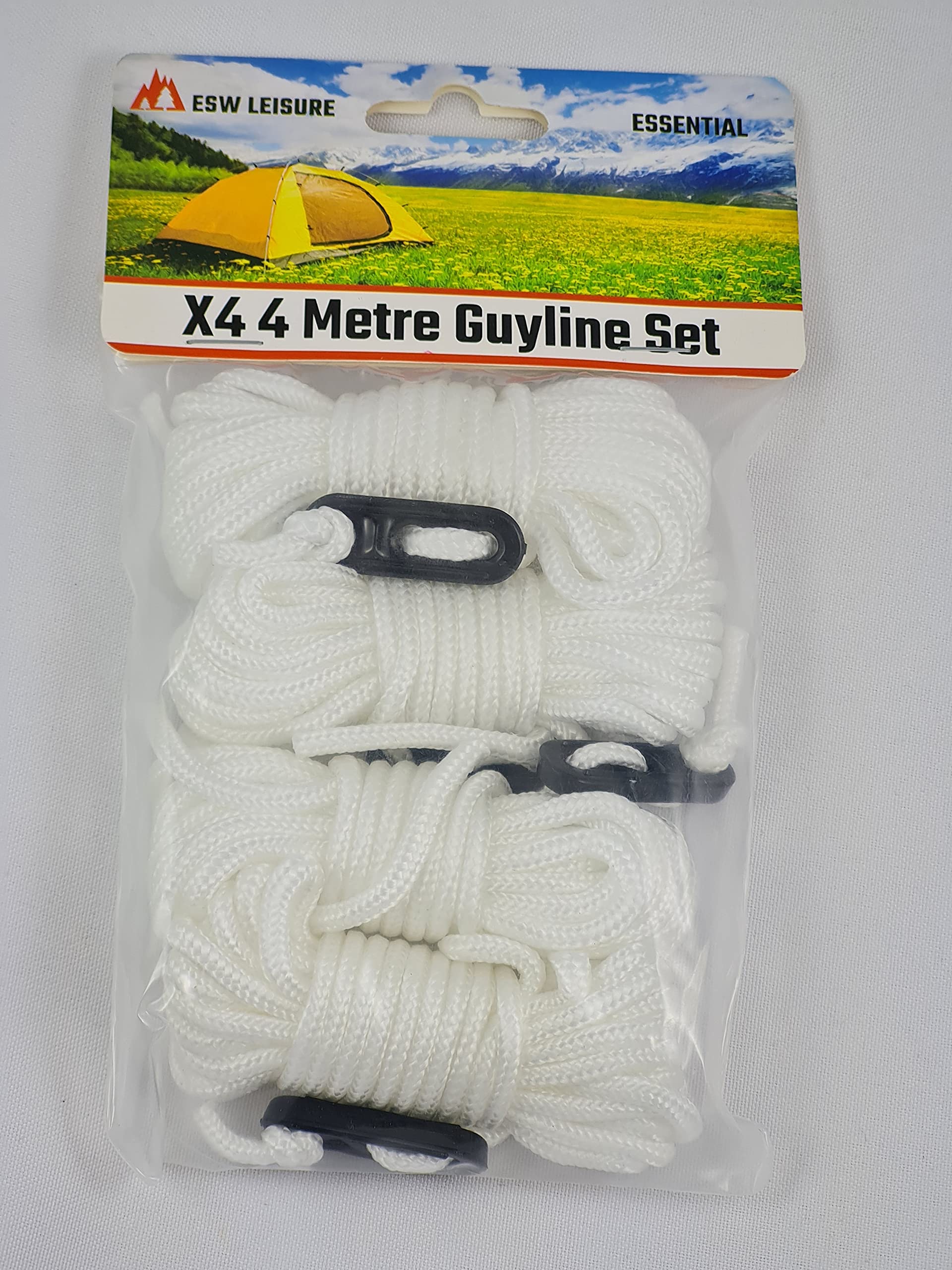 ESW LEISURE Guyline Ropes 4 Pack Tents Awning Camping Strong Lightweight Paracord Guy Rope With Tensioner Guy Lines Fishing Umbrella Shelter Bivvy Caravan Gazebo Tarp (White, 4 Metre XL 4 Pack)