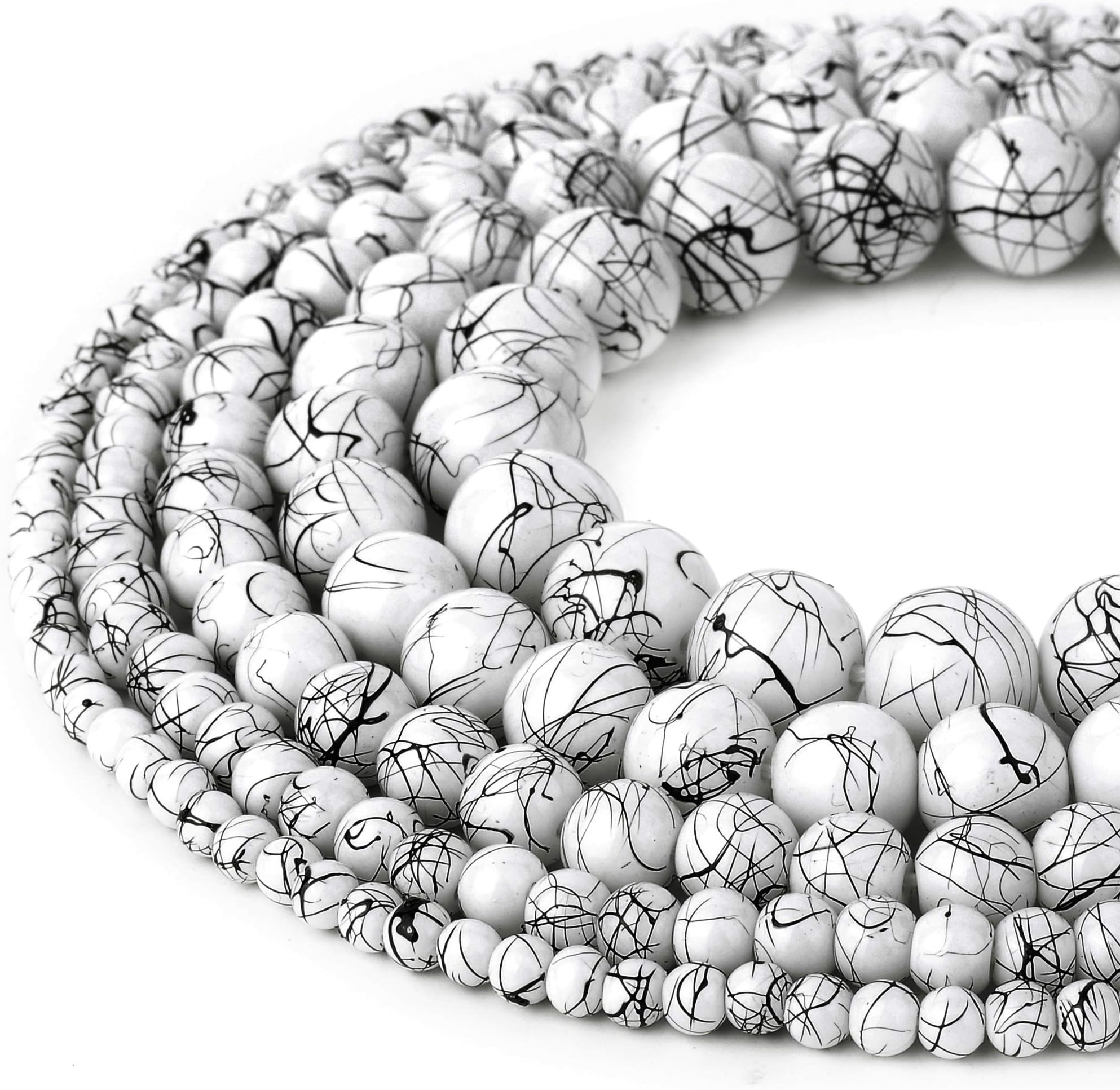 RUBYCA 300pcs Mixed Sizes Loose Glass Beads for Jewelry Making, Opaque White, Black Paint Splatter