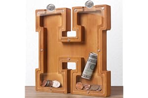 HODNSZRIT Wooden Letter Piggy Bank for Kids Boys Girls Large 26 Alphabet Money Bank Personalized Custom Name Transparent Saving Coin Bank, Perfect Christmas,Birthday Gift for kids Adults and Home Decoration (H)