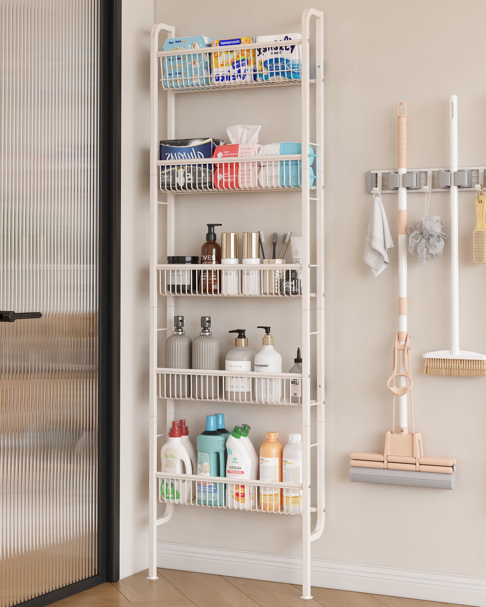 Photo 1 of UMDONX Behind The Door Bathroom Shelf Narrow 5-Tier, Space-Saving Slim Storage Shelf Narrow Shelving Unit for Bathroom and Kitchen White