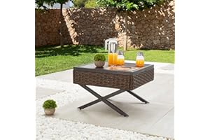 Festival Depot Metal Outdoor Side Coffee Table Patio Bistro Living Room Dining Table Wood Grain Top Wicker Rattan Furniture with X Shaped Steel Legs Brown Black (Square)