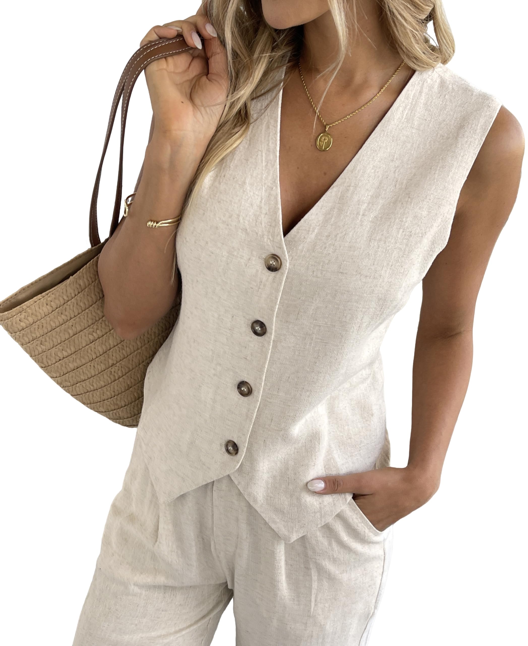 Photo 1 of heipeiwa Women's Cotton Linen Vest Button Down Sleeveless V Neck Tank Tops Waistcoat Jacket Beige