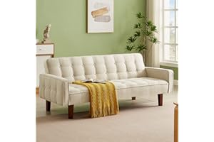 Betoko Linen Futon Sofa Couch 73.6'' Fabric Upholstered Convertible Bed Minimalist Button Tufted Small 3 Seater Sleeper Set for Living Room Bedroom (Beige),(KJfuton1008)