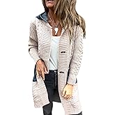 utcoco Women's Cable Knit Cardigan with Denim Hood and Pockets Open Front Long Sleeve Patchwork Sweater Coat
