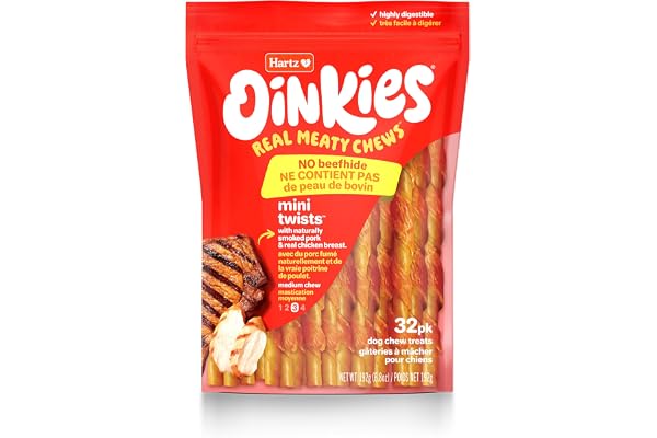 Hartz Oinkies Mini Jerky Twists Chicken Flavored Rawhide-Free Natural Chew Dog Treats, 32 Count