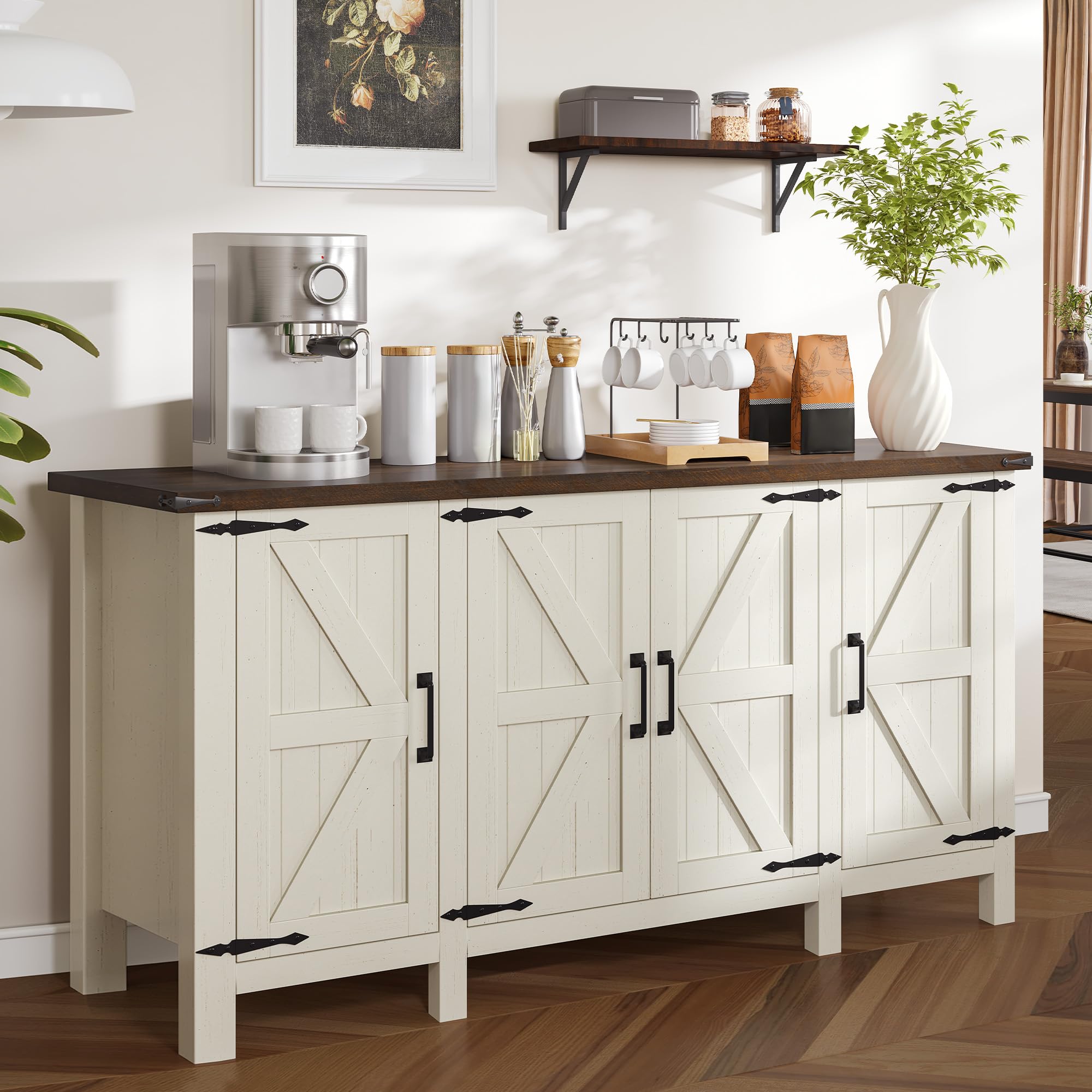 Photo 1 of ***PARTIAL SET - PRICE ADJUSTED***
***DAMAGED - SEE NOTES/PICTURES***
YITAHOME Farmhouse Sideboard Buffet Cabinet with Storage, 59" Kitchen Storage Cabinet with Adjustable Shelves for Living Room, Entryway, Rustic White