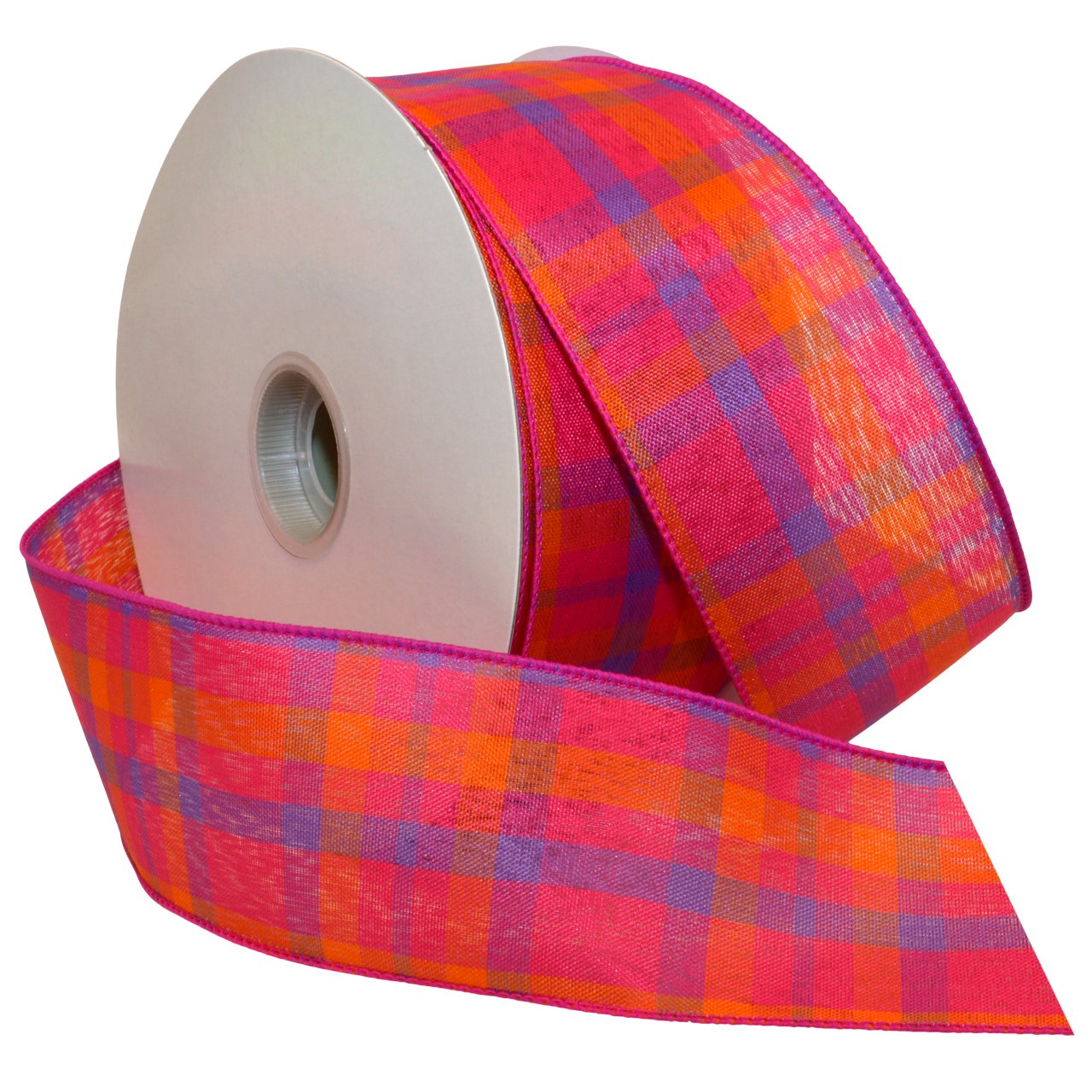 Morex Ribbon 7380 Color Chic Plaid Ribbon, 2.5" x 50 Yd, Magenta/Tangerine