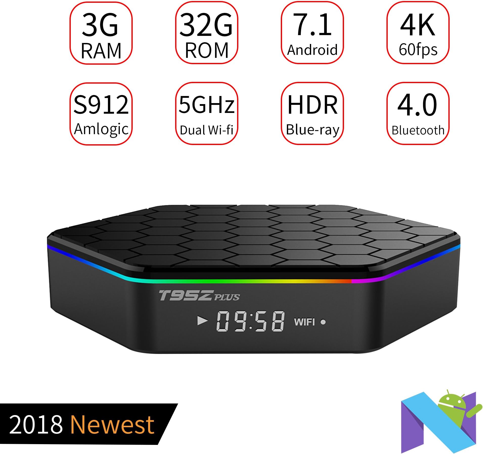 PULIER T95z Plus 3GB RAM 32GB ROM Android 7.1 TV Box S912 support HDR+ | H.265 | 3D Blue-ray | 4K and 2.4G/5G wireless Bluetooth 100M/1000M LAN