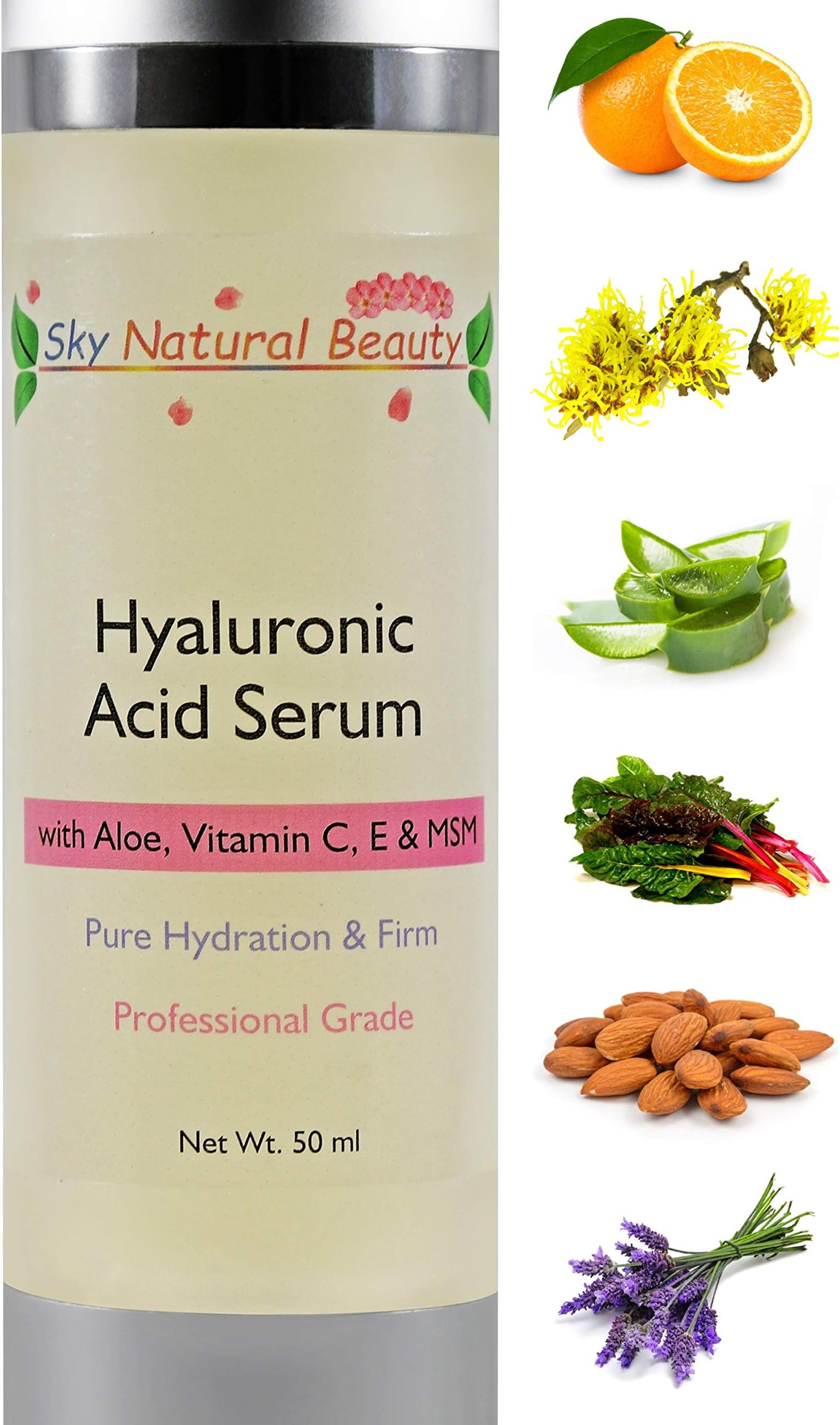 Hyaluronic Acid Serum with Aloe, Witch Hazel, Vitamin C & E & MSM for Face & Neck- Best Advanced Anti-Aging, Anti-Wrinkle, Intense Hydrating, Repairing & Renewing Face Serum - 1.7 oz