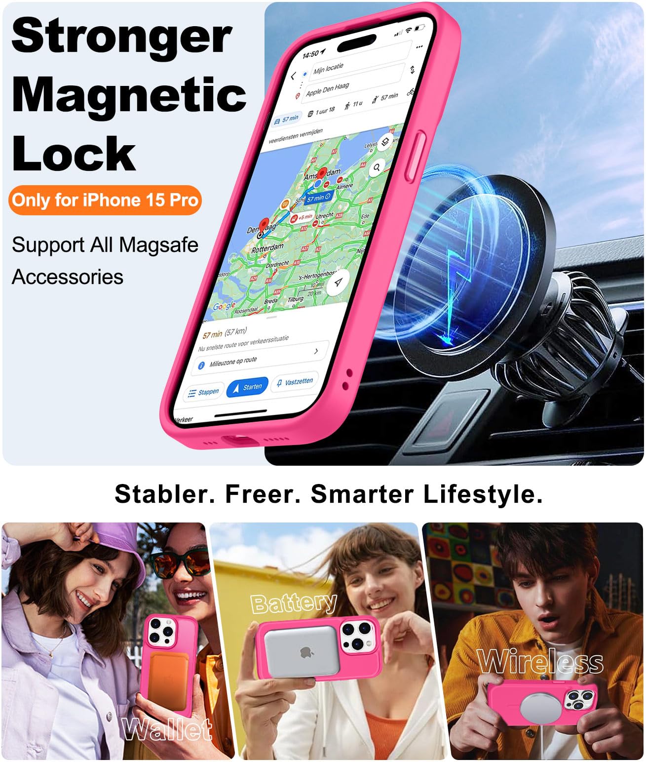 Ultra Strong Magnetic for iPhone 15 Pro Case, [Compatible with Magsafe] [Glass Screen + Camera Protector] Slim Translucent Matte Shockproof Case for iPhone 15 Pro Case 6.1 inch, Hot Pink