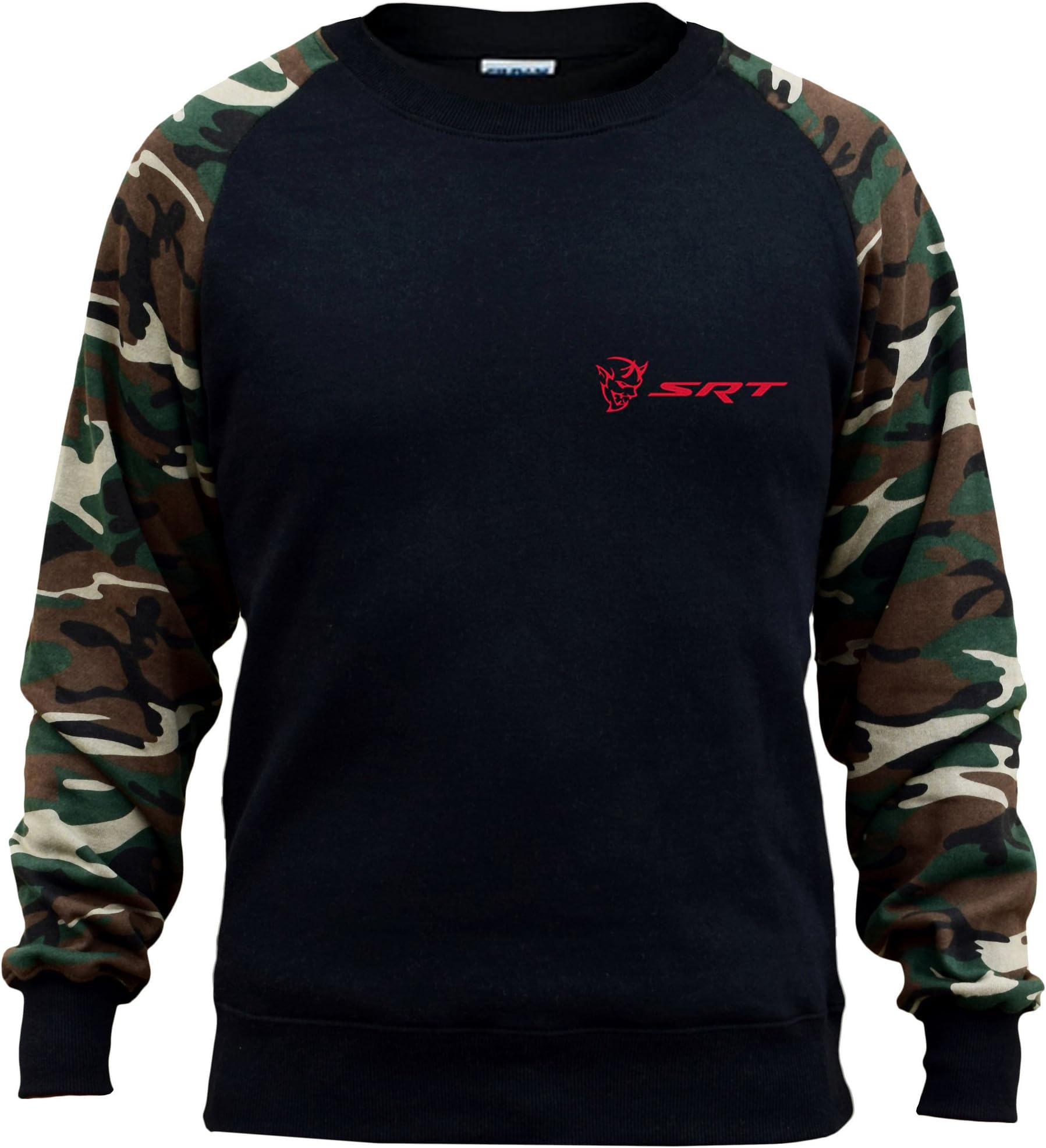 Interstate Apparel Men's Dodge Challenger Demon SRT Chest Black/Camo Raglan Baseball Sweatshirt Black