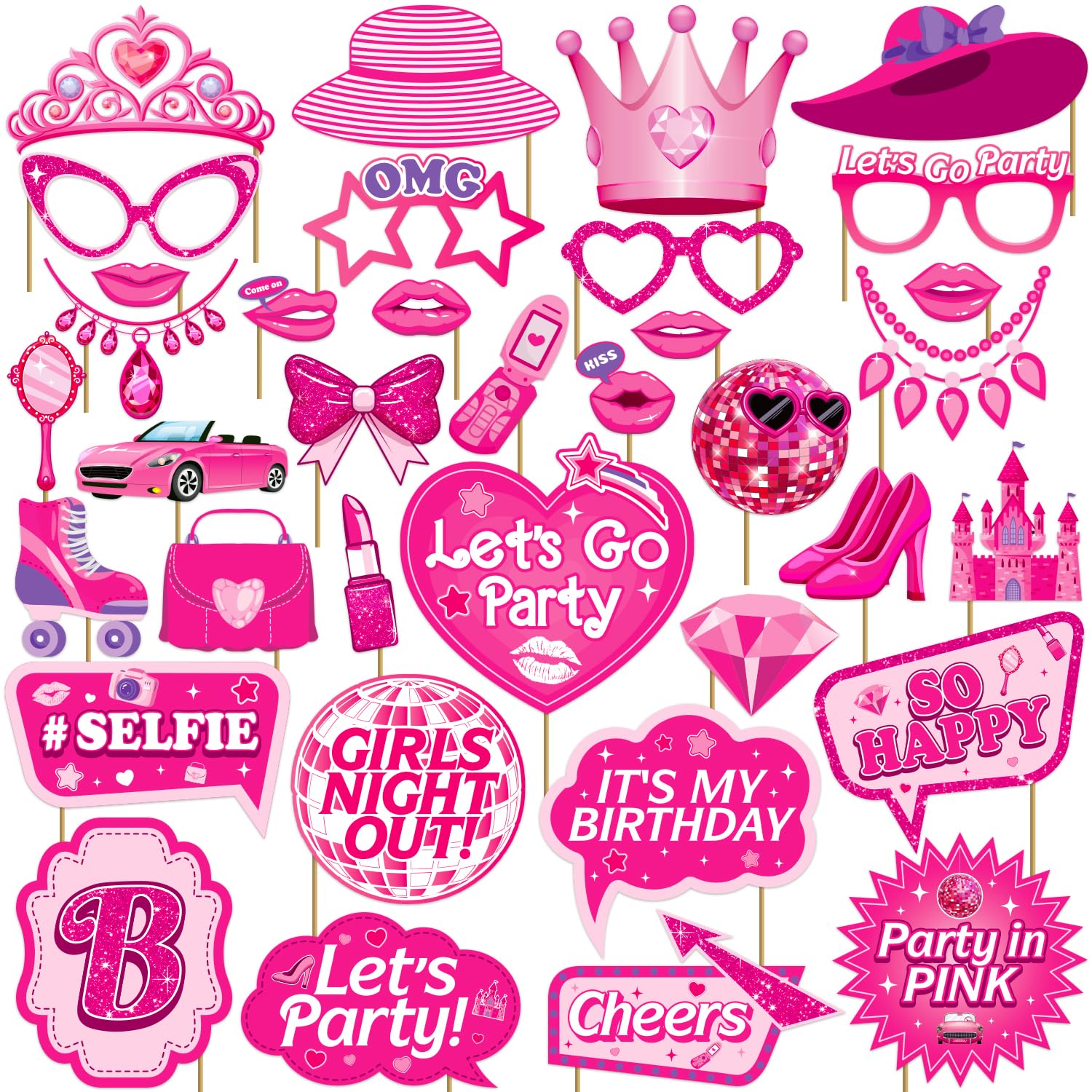 Photo 1 of 36Pcs Lets Go Party Decorations Photo Booth Props, Hot Pink Girls Birthday Decorations Photo Props for Princess Party, Pink Disco Bachelorette Party Decorations for Girls Night