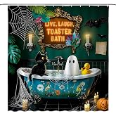 Halloween Funny Ghost Shower Curtain,70x70 Inch,Dark | Gothic,Humor Design,Cat Spooky in Bathtub,Polyester,with Hooks,Washable,Quick-dry Fabric,Apartment and Dorm Bathroom Decor