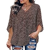 Siddhe Womens Plus Size Tops 3/4 Sleeves Chiffon Blouses Dressy Casual Fall V Neck Loose Fit Double Layers Shirts(XL-5XL)