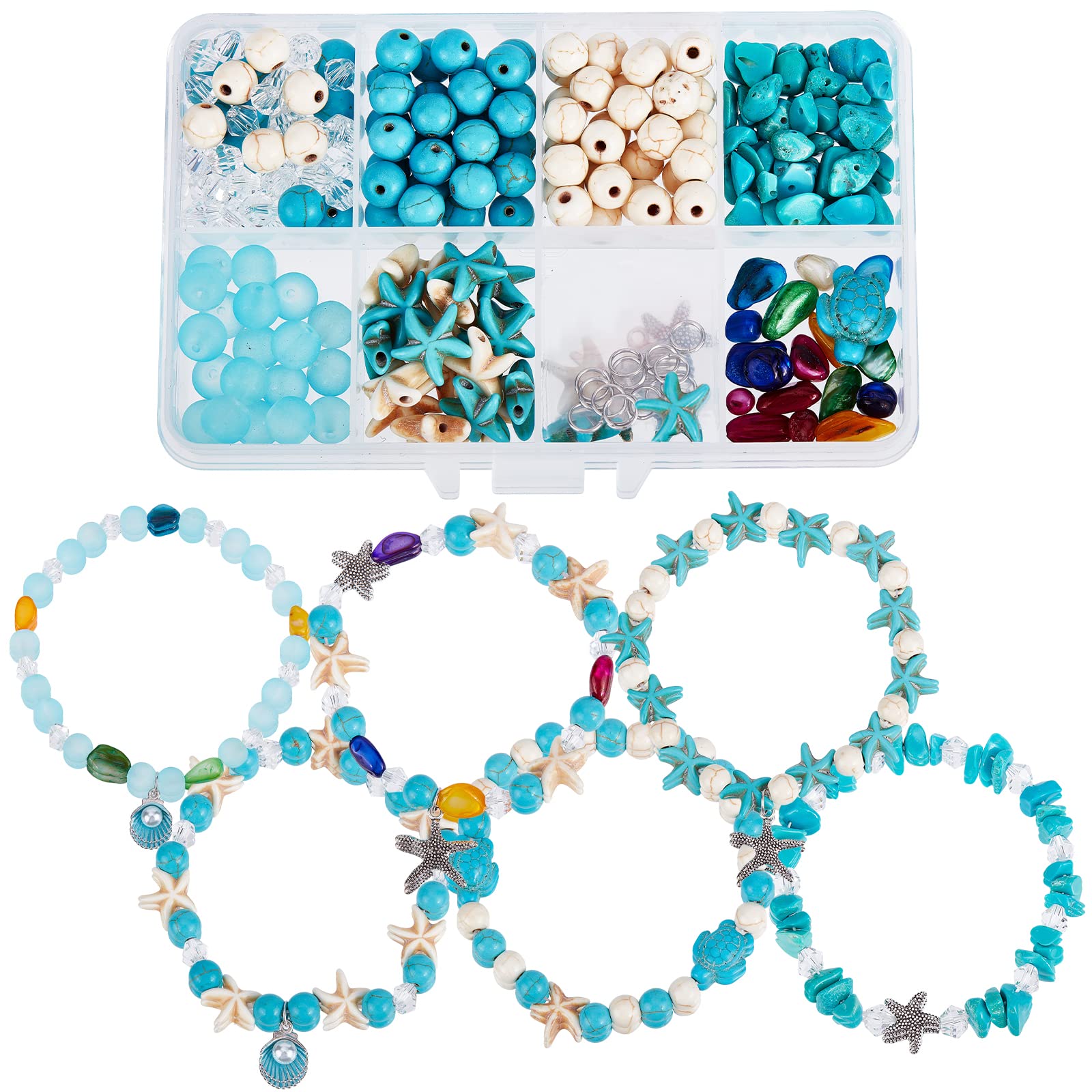 SUNNYCLUE 1 Box DIY 6 Sets Boho Style 8mm Summer Ocean Turtle Beads Adjustable Beading Bracelet Making Kit Synthetic Turquoise Starfish Beads for jewellery Making Sea Shell Charms Alloy Starfish Charm