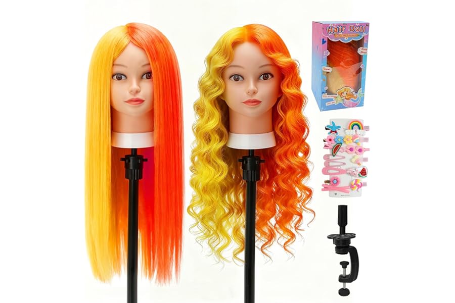 Mannequin Head with Hair, 26″ Doll Head Hair Styling for Kids Braiding, Cutting & Playing Practice, Training Manikin for Girls or Student, with Clamp Stand & Clips, 70% Real Human (Orange & Yellow)