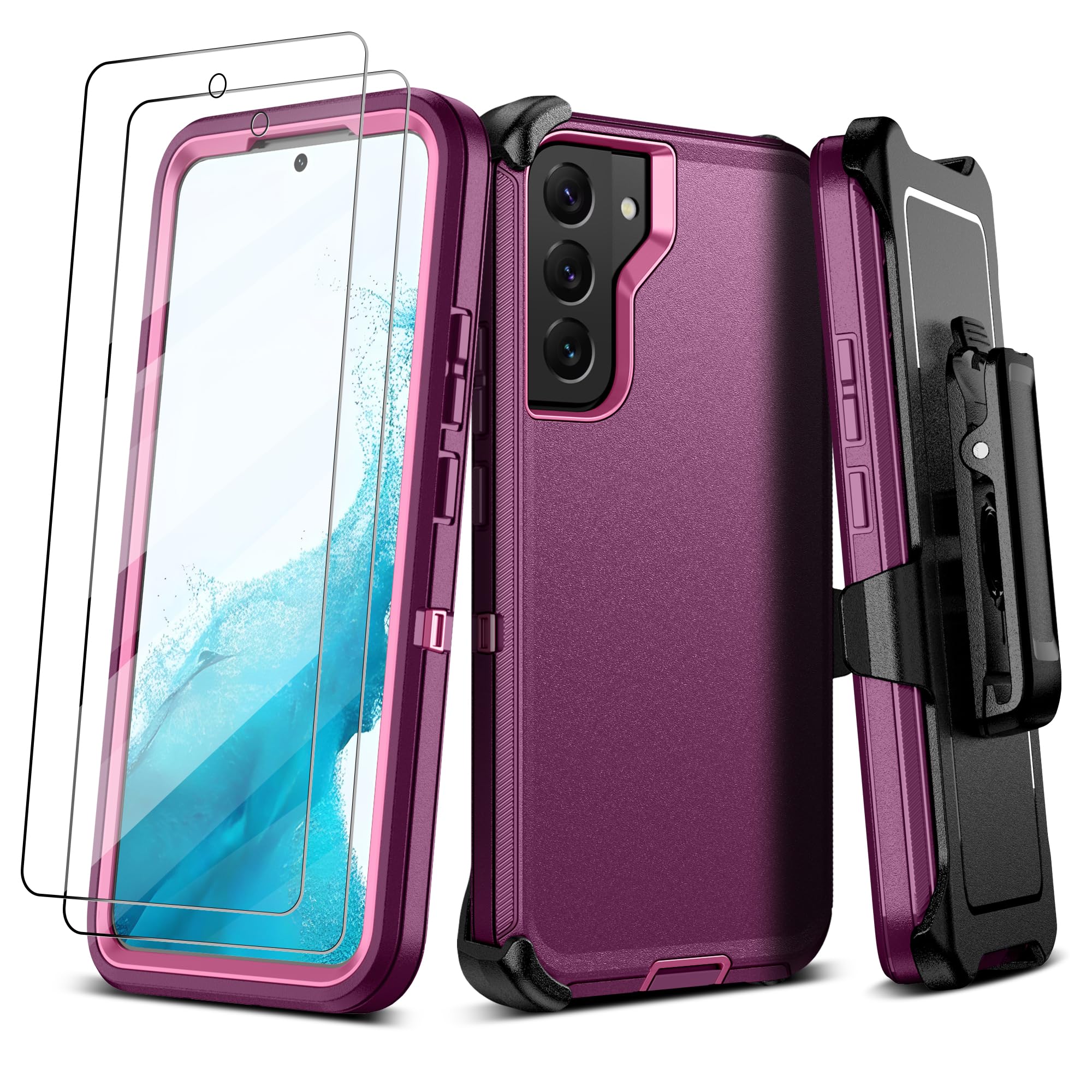 For Samsung Galaxy S22 plus Case with Belt Clip Holster:16FT Military Grade Drop Protection【Anti-Slip Design+Belt Clip Holster】Heavy Duty/Shockproof Rugged with Screen Protector for S22 plus-Purple