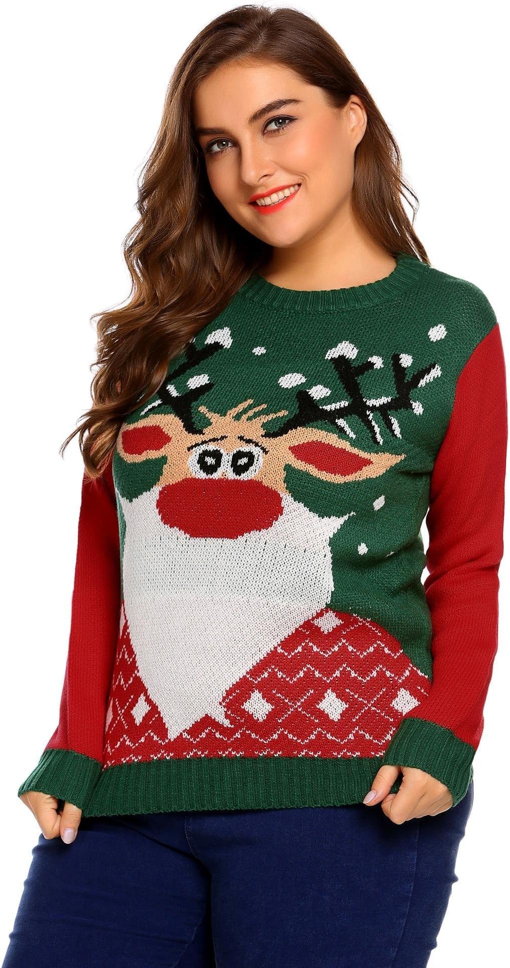 Soteer Women Christmas Reindeer Sweater Knit Snow Cute Winter Jumper