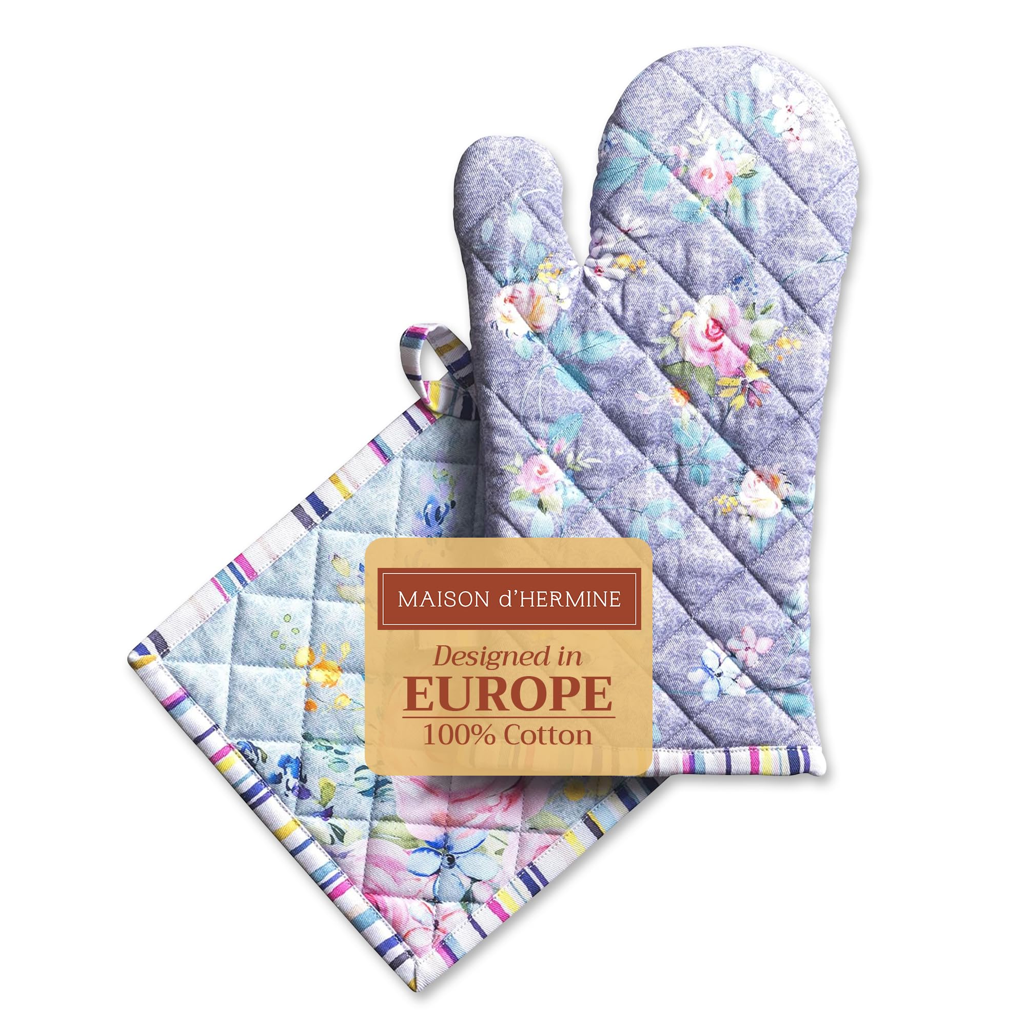Maison d' Hermine Sweet Rose Lavender 100% Cotton Oven Mitts Set (19cm x 33cm) and Pot Holders (20cm x 20cm) 100% Cotton for Grilling Easter