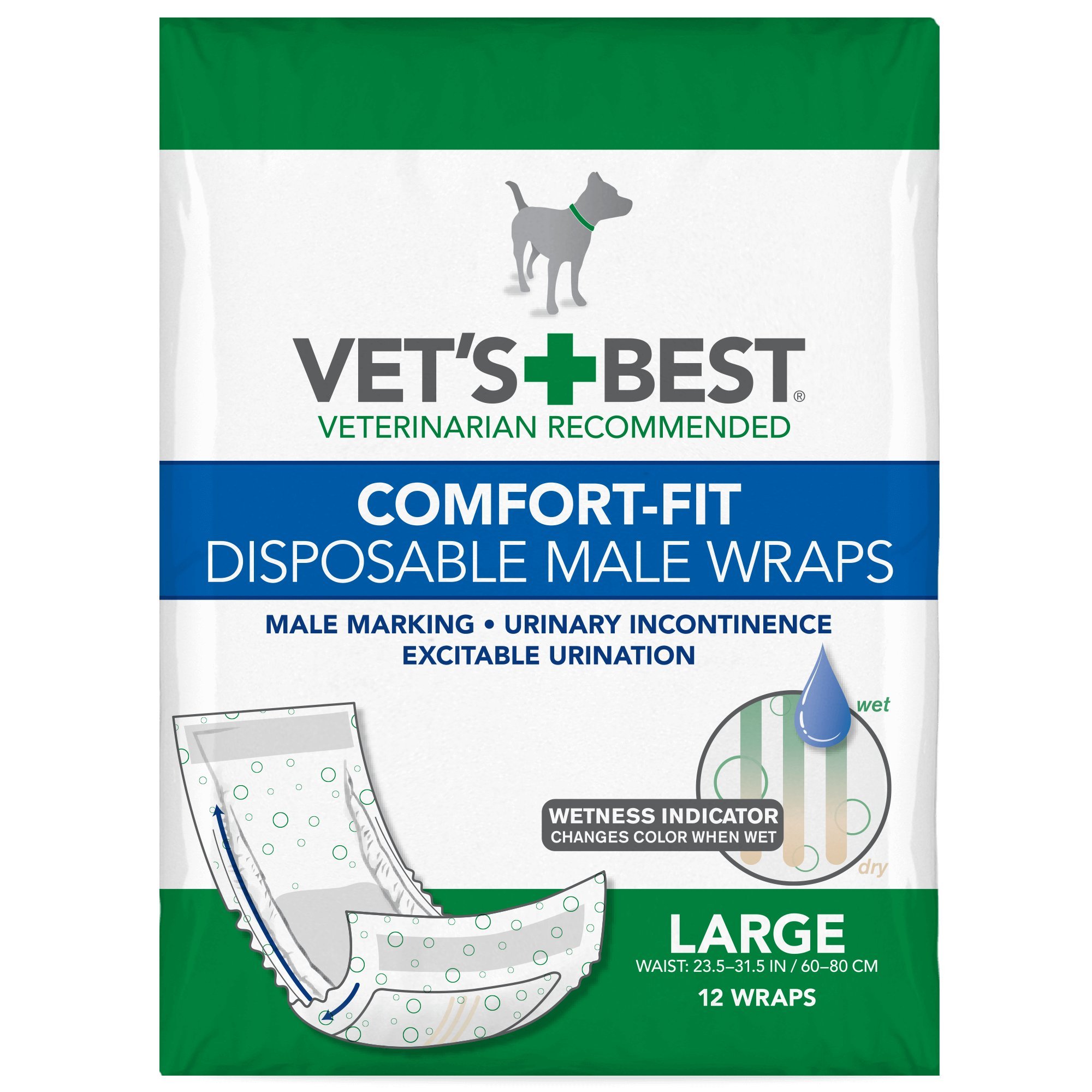 Vet's Best Comfort Fit Disposable Male Dog Diapers | Absorbent Male Wraps with Leak Proof Fit | Large 12 Pack