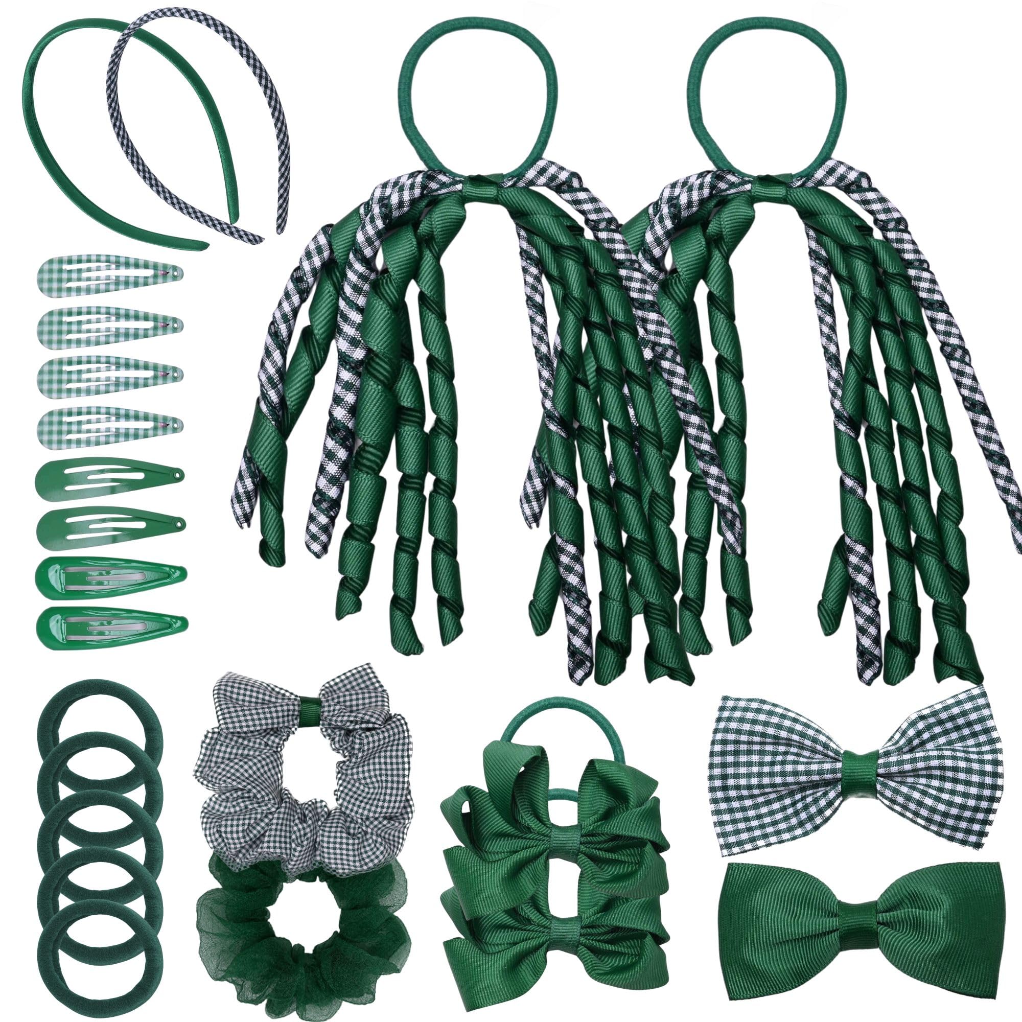 Basic Sense Gingham Girl Hair Accessories Set 23 Pieces Hair Ties, Pins, Scrunchies, Ribbon Ponytail Holder Summer School Check Uniform, Green
