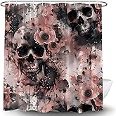 Skull Floral Shower Curtain Gothic Skeleton Grey Pink Floral Retro Spooky Vintage Halloween All Saints Day Horror Scary Witchy Day of The Dead Skull Bone Bloody Fabric Bath Curtain with Hook