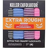 Killer Exfoliator Premium Extra-Rough Japanese Exfoliating Body Scrubber: Extra Long, Hygienic, Body Scrubber Exfoliator for Men & Women - 4 Count Pack (Black, Blue, Purple & Pink)