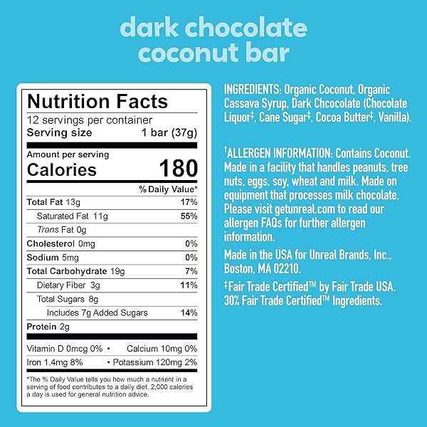 UNREAL DARK CHOCOLATE COCONUT BARS | CERTIFIED VEGAN, GLUTEN FREE, FAIR TRADE, NON-GMO | NO SUGAR ALCOHOLS OR SOY 1.3 OZ (PACK OF 12)