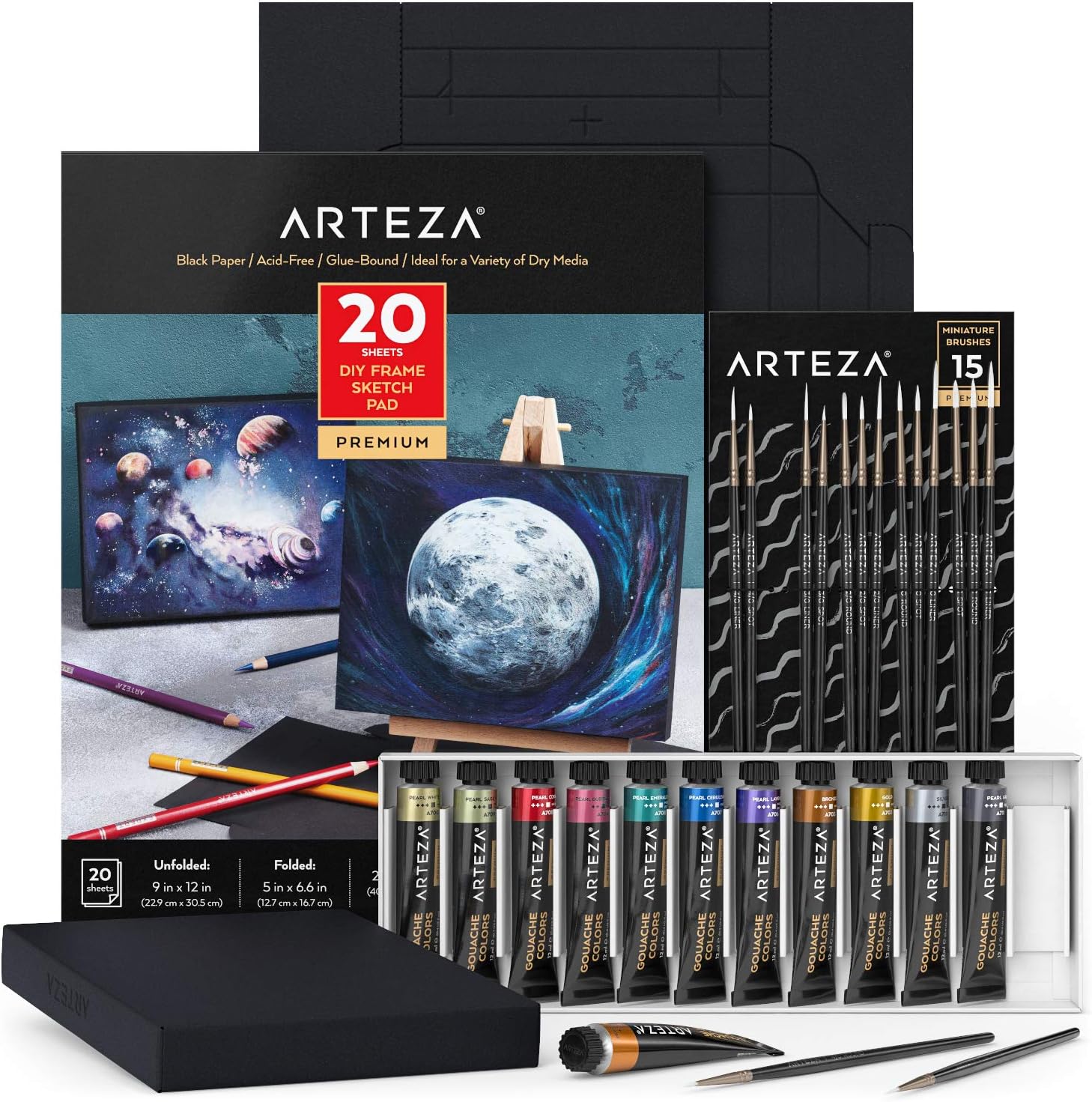 Arteza Gouache Painting Art Set, Metallic Gouache Paint 12 and Foldable Black Canvas Paper Bundle, Art Supplies for Beginners & Experts, Art Kit for Adults