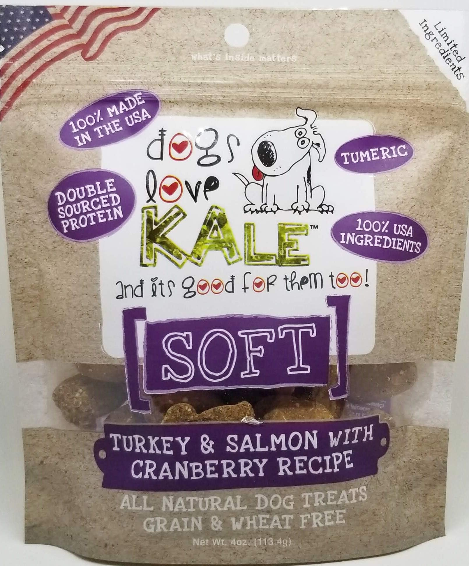 Dogs Love Kale Soft Dog Treats with Turmeric,Wheat Free and Low Calorie, 4 Ounce Bag