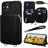 Keallce Case for iPhone 11 6.1'' Case Wallet, Crossbody Zipper Purse with RFID Blocking Card Slots Kickstand, Detachable Lanyard & Handstrap Flip Folio Leather Phone Cover for iPhone 11, Black