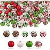 180 Pcs Christmas Wooden Beads Xmas Red Green Round Wood Beads Peppermint Candy Canes Crafts for DIY Garland Jewelry Making Party Tree Hanging Home